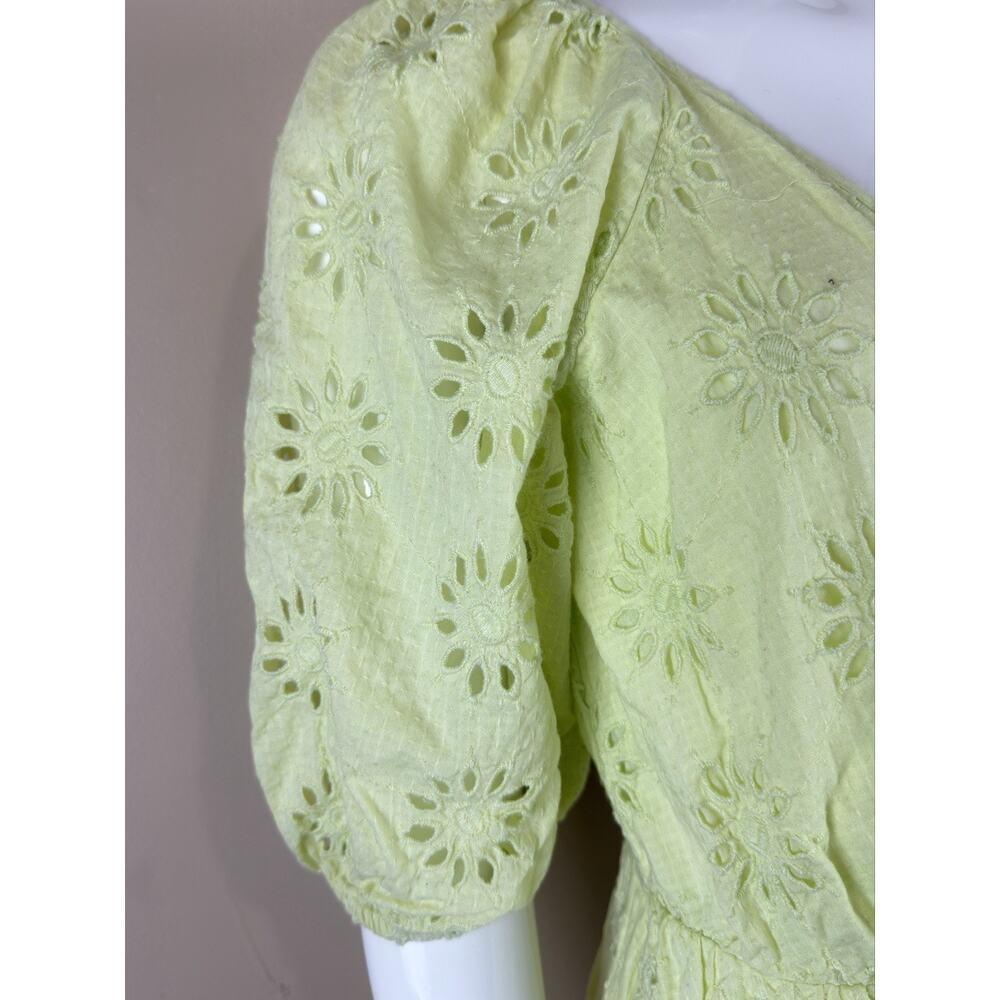 Zara Women’s XS Lime Green Eyelet Mini Wrap Dress Puff Sleeve Lined Cotton - Picture 6 of 13